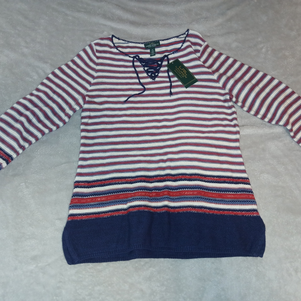 Ralph Lauren Striped Lace-Up Cotton Sweater in Navy, White & Red